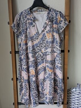 Marie Oliver Ruffled Collar Dress in Blue, Pink & Orange Floral Print - Size M